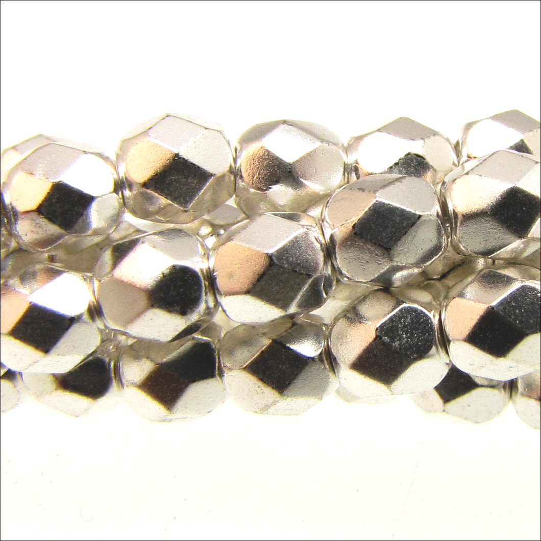 Czech Faceted Fire Polished Rounds 4mm Silver Plated Qty:40 strung