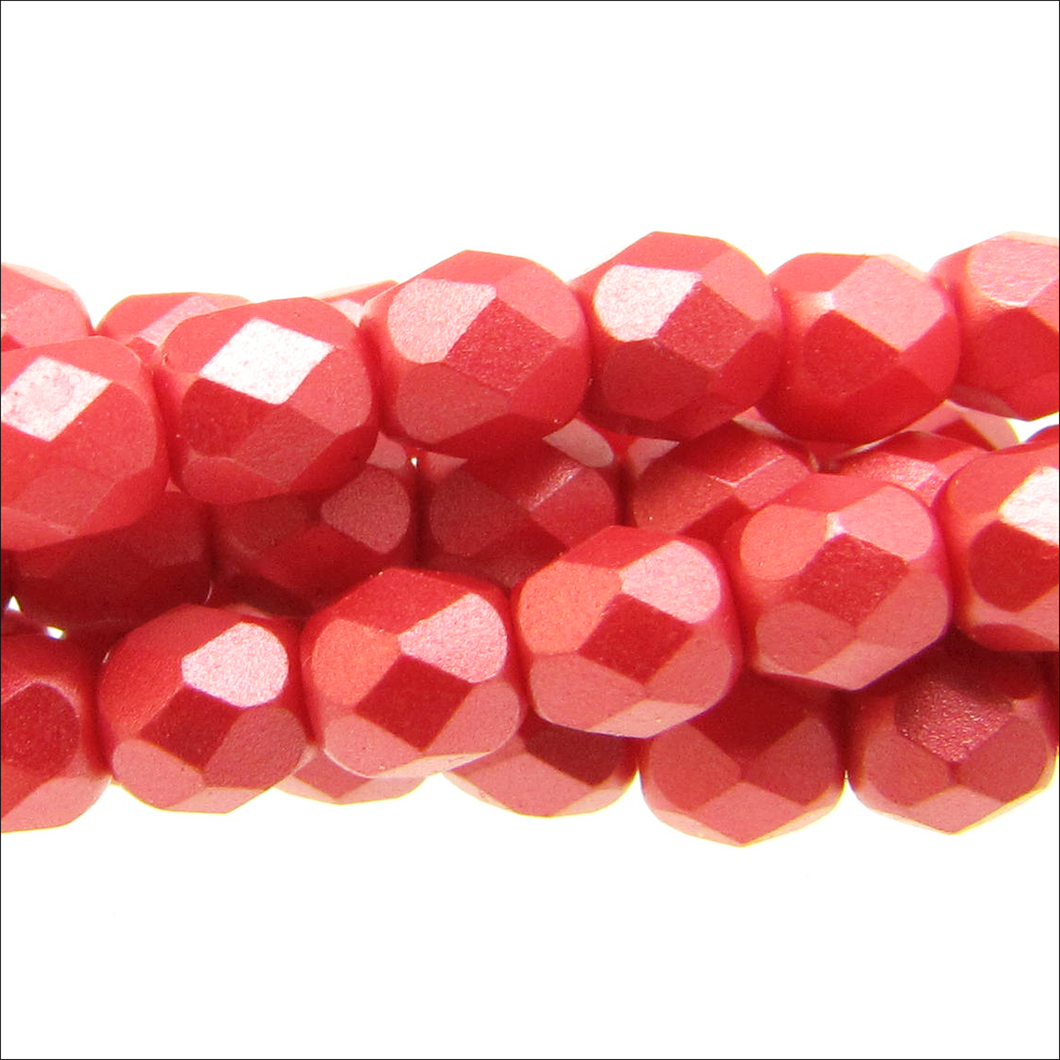 Czech Faceted Fire Polished Rounds 4mm Pastel Dark Coral Qty:38 strung
