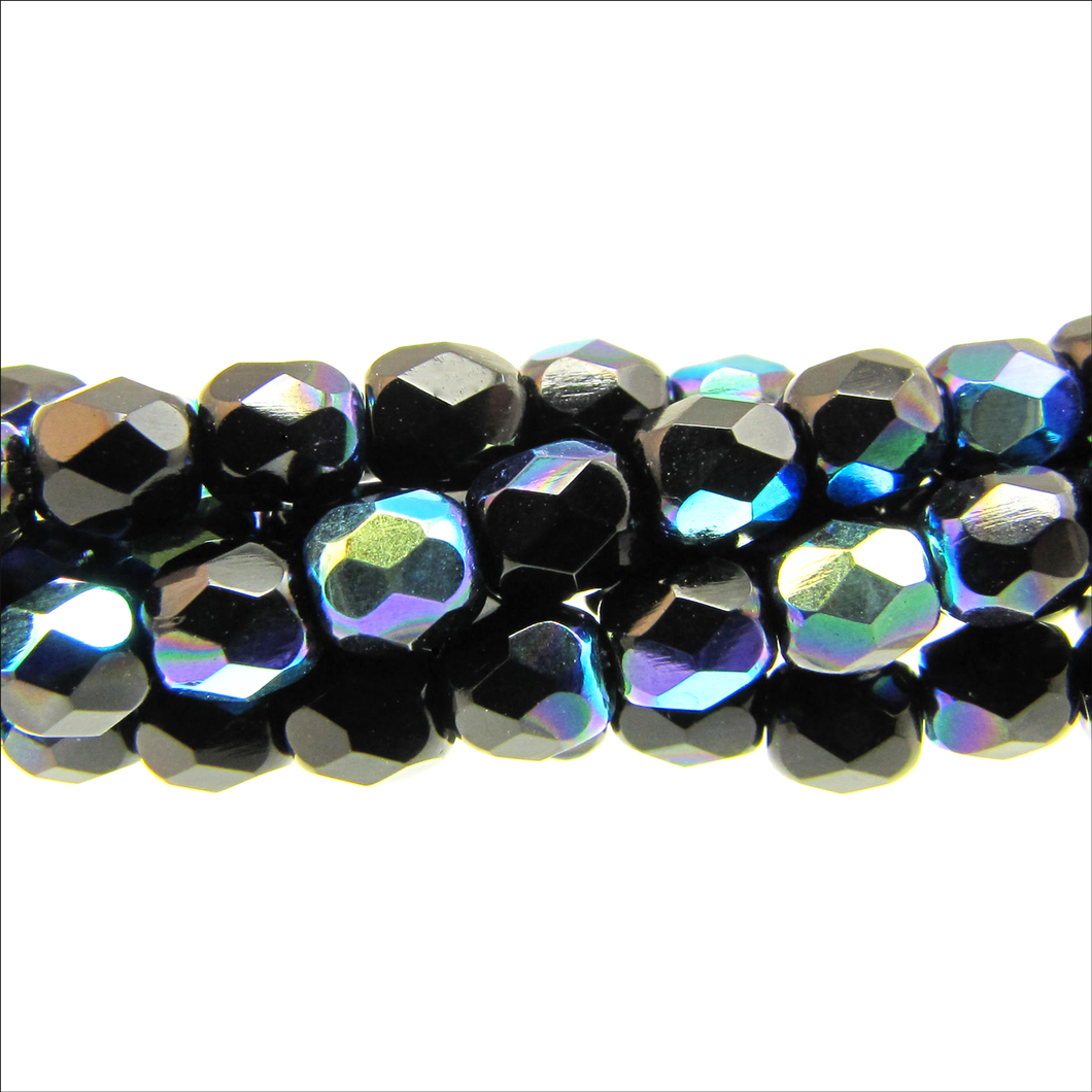 Czech Faceted Fire Polished Rounds 4mm Jet AB Qty:38 strung