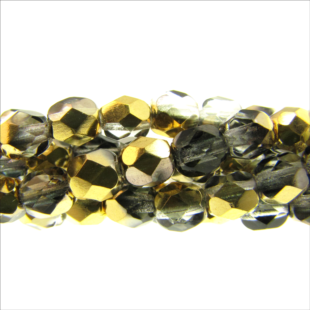 Czech Faceted Fire Polished Rounds 4mm Crystal Aurum Qty:38 strung