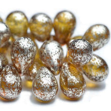 Load image into Gallery viewer, Czech Drop Bead 6x9mm Amber with Mercury Finish Qty: 25