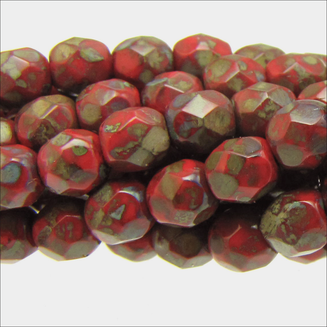 Czech Faceted Fire Polished Rounds 4mm Red Travertine Qty:40 strung
