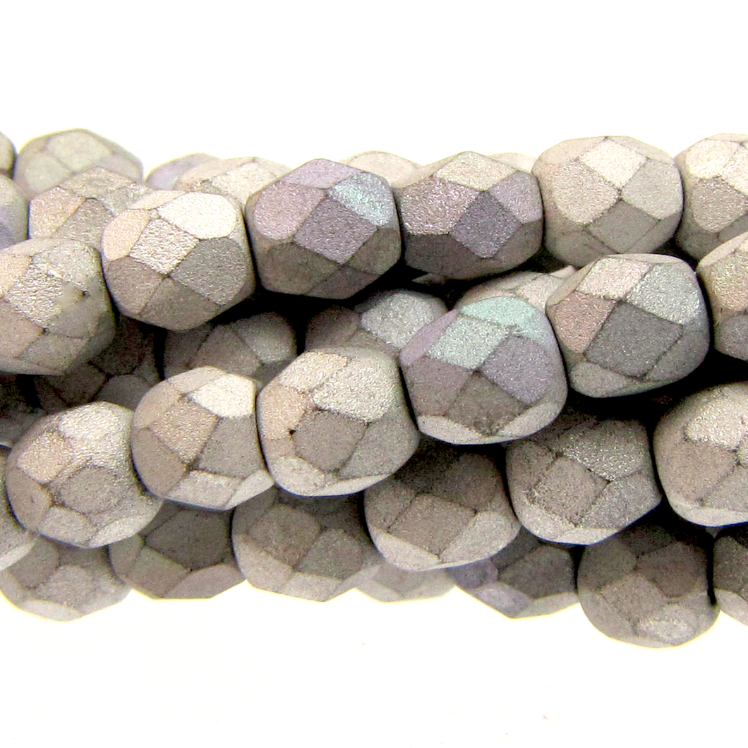 Czech Faceted Fire Polished Rounds 4mm Glittery Matte Silver Qty:40 strung