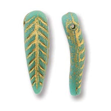 Load image into Gallery viewer, Czech Feathers 5x17mm Turquoise Green Gold Qty:25
