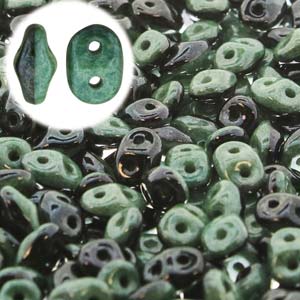 Czech SuperDuo Duets 2.5x5mm Black & White Green Luster Qty: 10g