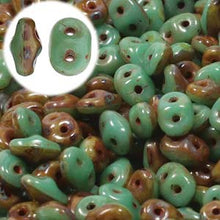 Load image into Gallery viewer, Czech SuperDuo Duets 2.5x5mm Green Turquoise & Ivory Dark Travertine Qty: 10g