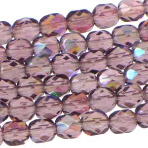 Czech Faceted Fire Polished Rounds 6mm Amethyst AB Qty:25 strung