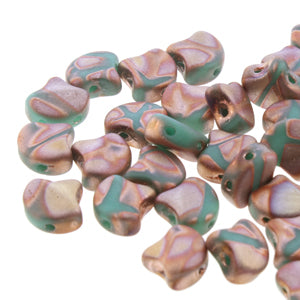 Czech Ginkgo Beads 7.5mm Turquoise Green Full Capri Gold Matte Batik Qty: 10g