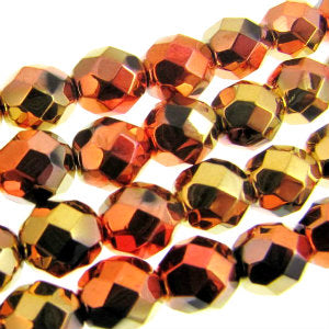 Czech Faceted Fire Polished Rounds 8mm Jet California Gold Rush Qty:20 strung