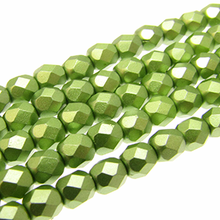 Load image into Gallery viewer, Czech Faceted Fire Polished Rounds 4mm Pastel Olivine Qty:38 strung