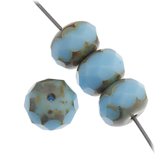 Czech Faceted Fire Polished Donuts 9mm Blue Turquoise Travetine Qty:30