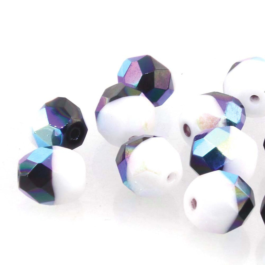 Czech Faceted Fire Polished Rounds 4mm Duets Black and White AB Qty:40 strung