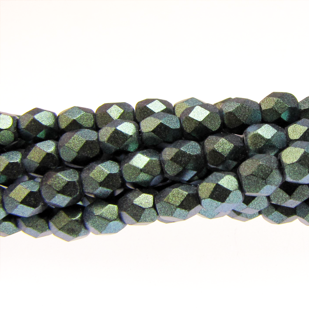 Czech Faceted Fire Polished Rounds 4mm Polychrome Viridian Qty:40 strung