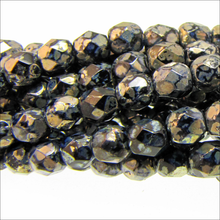 Load image into Gallery viewer, Czech Faceted Fire Polished Rounds 4mm Jet Picasso Qty:40 strung
