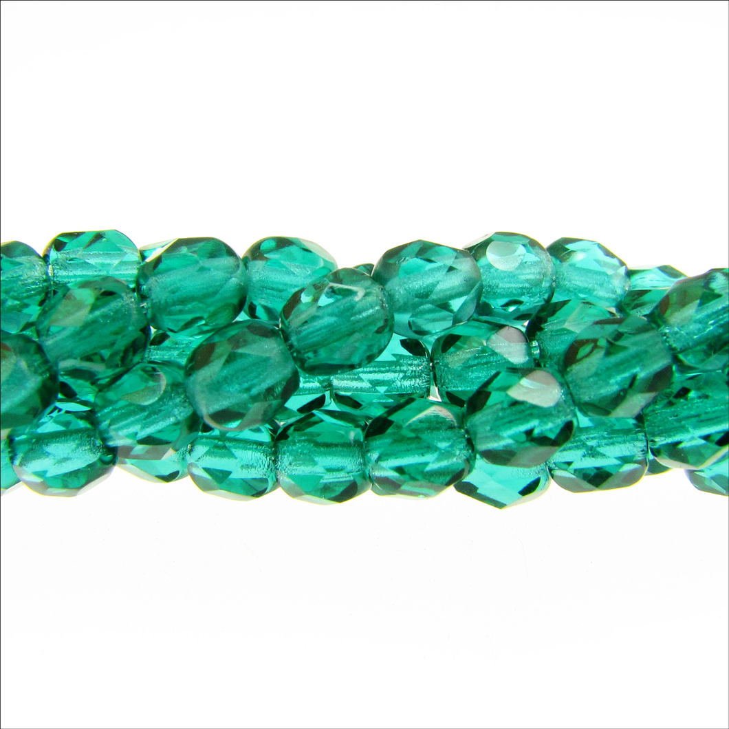 Czech Faceted Fire Polished Rounds 4mm Teal Qty:44 strung