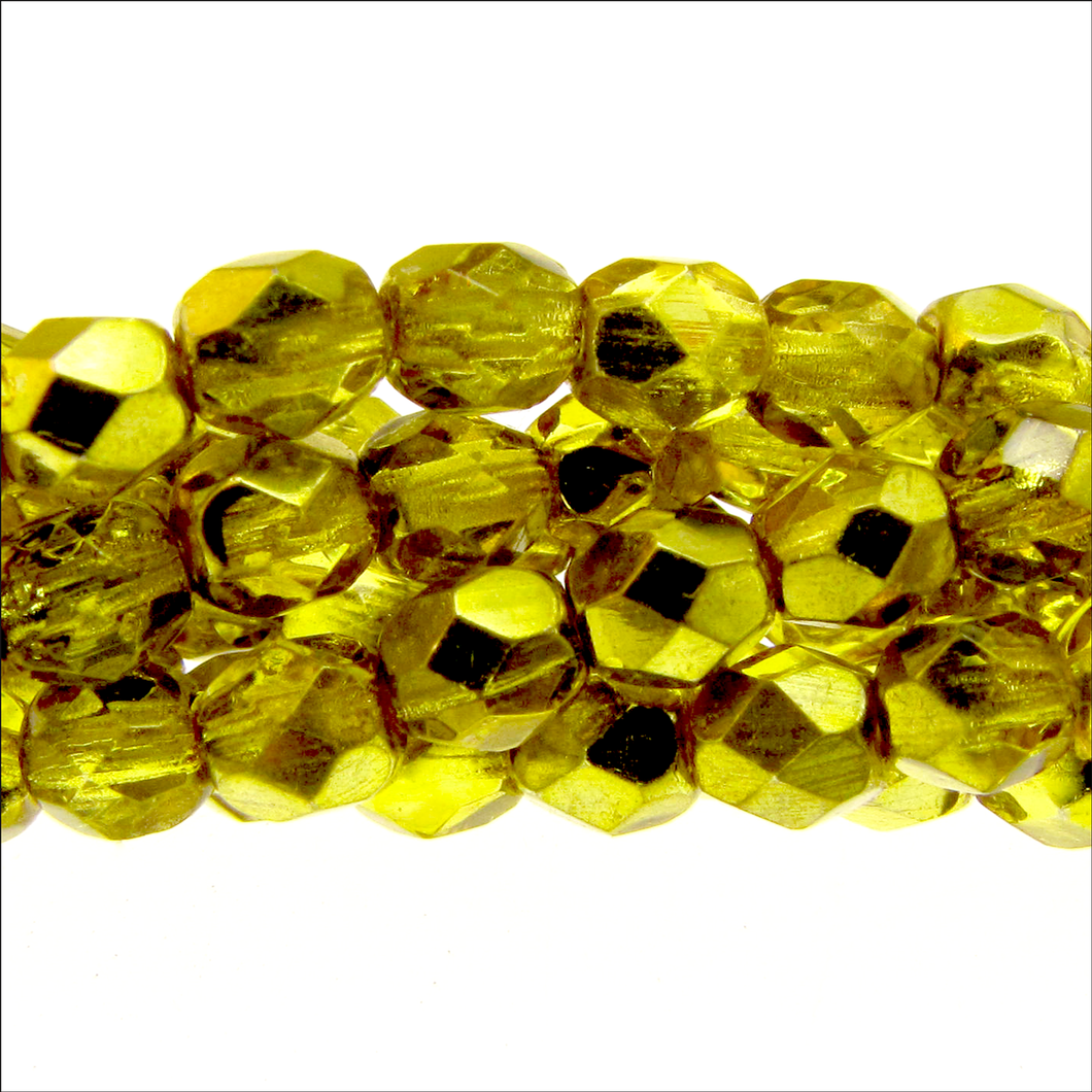 Czech Faceted Fire Polished Rounds 4mm Citron Qty:38 strung