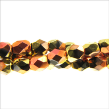 Load image into Gallery viewer, Czech Faceted Fire Polished Rounds 4mm Jet California Gold Rush Qty:40 strung
