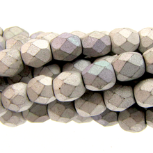 Load image into Gallery viewer, Czech Faceted Fire Polished Rounds 4mm Glittery Matte Silver Qty:40 strung
