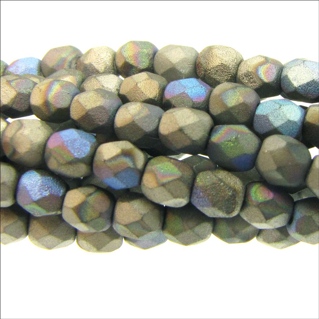 Czech Faceted Fire Polished Rounds 4mm Glittery Matte Graphite Qty:40 strung