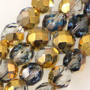 Czech Faceted Fire Polished Rounds 8mm Crystal Aurum Qty:19 strung