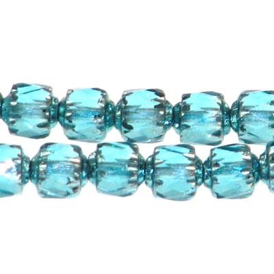 Czech Faceted Fire Polished Lanterns 6mm Coated Ends Teal Green/Silver Qty:30