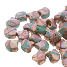 Load image into Gallery viewer, Czech Ginkgo Beads 7.5mm Turquoise Green Full Capri Gold Matte Batik Qty: 10g
