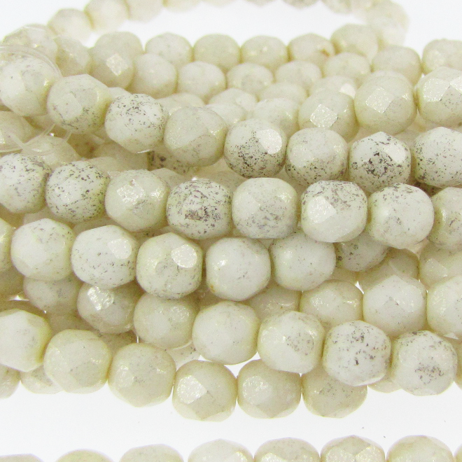 Czech Faceted Fire Polished Rounds 6mm Ivory with Mercury Finish Qty:25