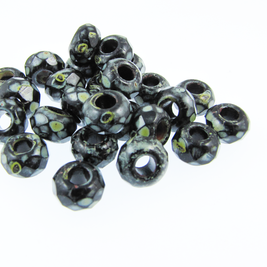 Czech Faceted Large Hole Rollers 6x9mm Jet Picasso Qty:25