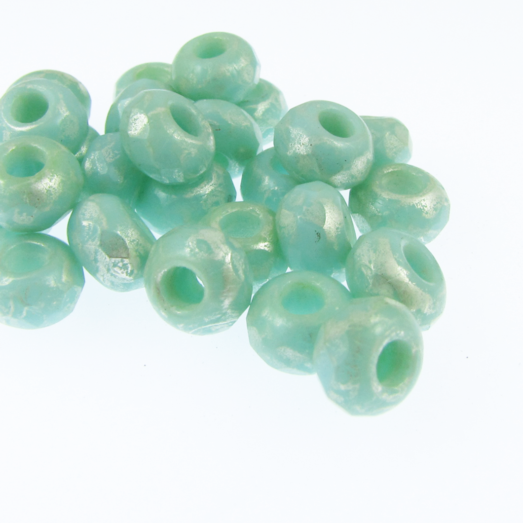 Czech Faceted Large Hole Rollers 6x9mm Tea Green Picasso Qty:25