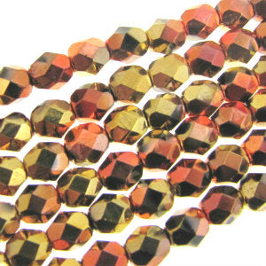 Czech Faceted Fire Polished Rounds 6mm Jet California Gold Rush Qty:25 strung
