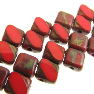Czech Silky Beads 6mm Opaque Red Travertine Two-Cut Qty:40 strung