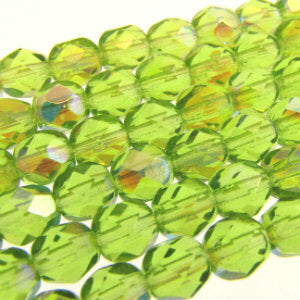 Czech Faceted Fire Polished Rounds 6mm Peridot AB *D* Qty:25 strung
