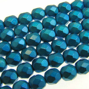 Czech Faceted Fire Polished Rounds 6mm Metalust Turquoise Qty:25 strung