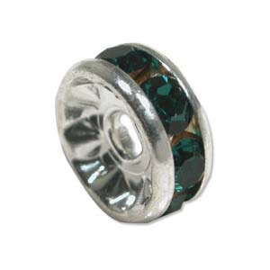Rhinestone & Silver Metal Rondelle 6mm Emerald Qty:1