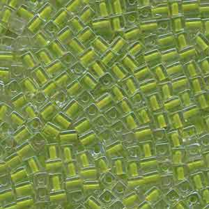 Miyuki Squares 4mm 0245 Crystal/Lime Green Color Lined Qty:10g